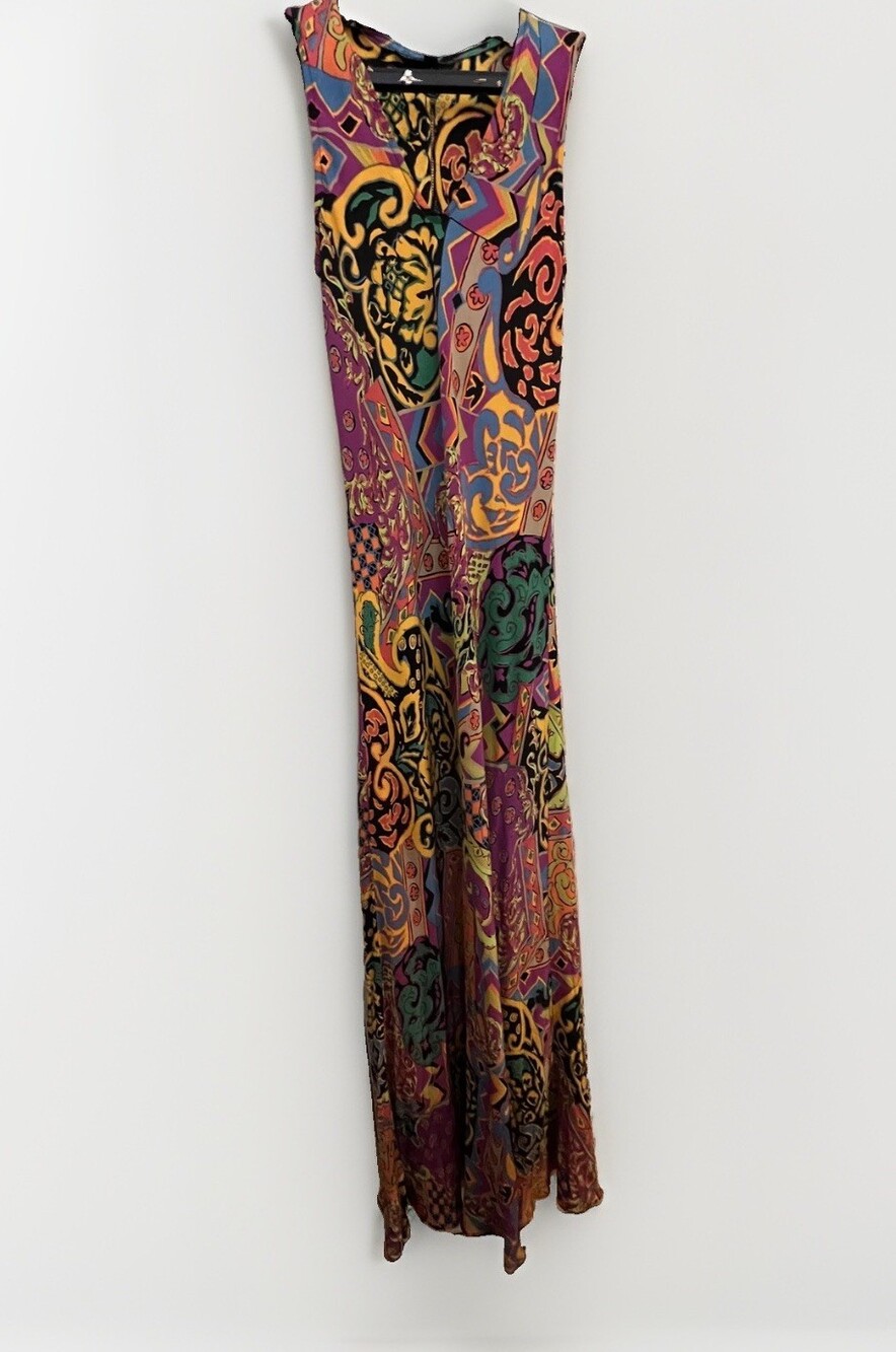 Betsey Johnson Silk Maxi Dress Y2k 90s S Multicolor Graphic Print V Neck Punk